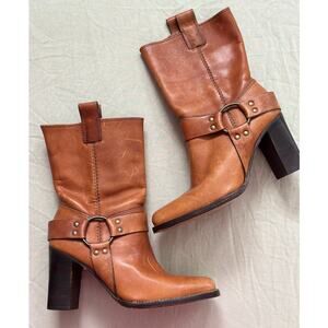 Uffizi Cognac Brown Leather Boots Harness Heeled Square Toe Western Cowgirl